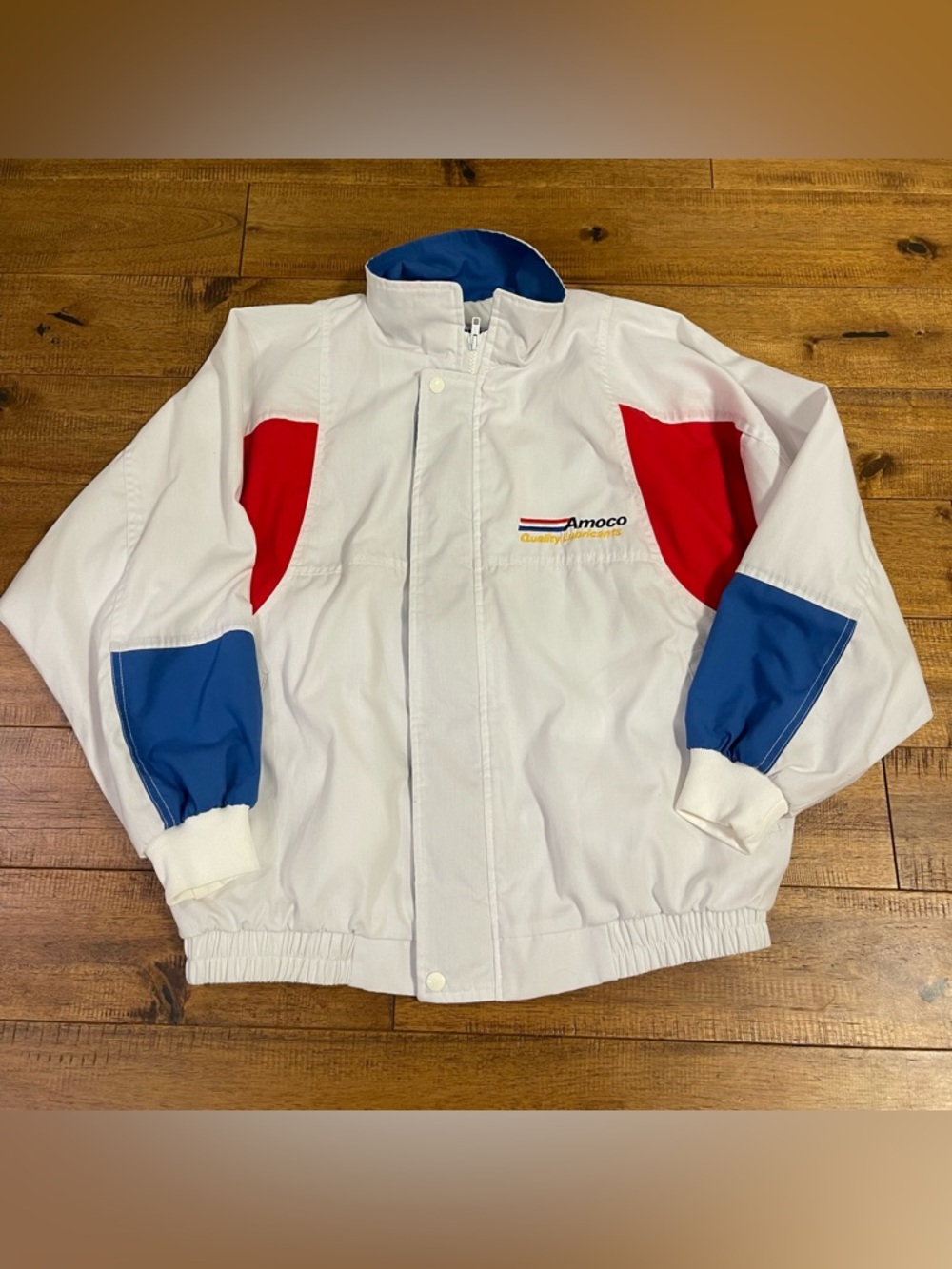 Vintage Amoco Quality Lubricants Made In The USA Garage Racing Jacket White Red